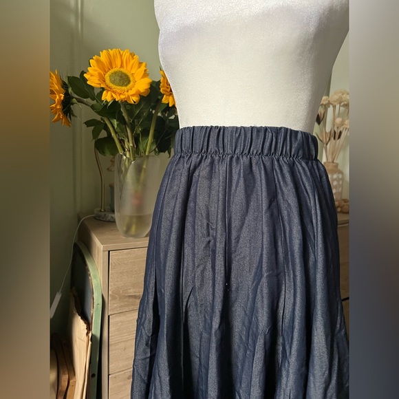 Blue Jean Dark Denim Modest Midi Elastic High-Waist Flare Knee-Length Skirt XS - Picture 11 of 16